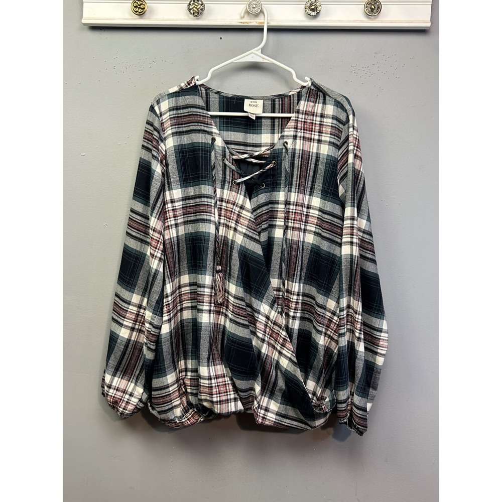 Knox Rose Top Women XXL Green Plaid Surplice Lace Up Tassel‎ Boho Blouse